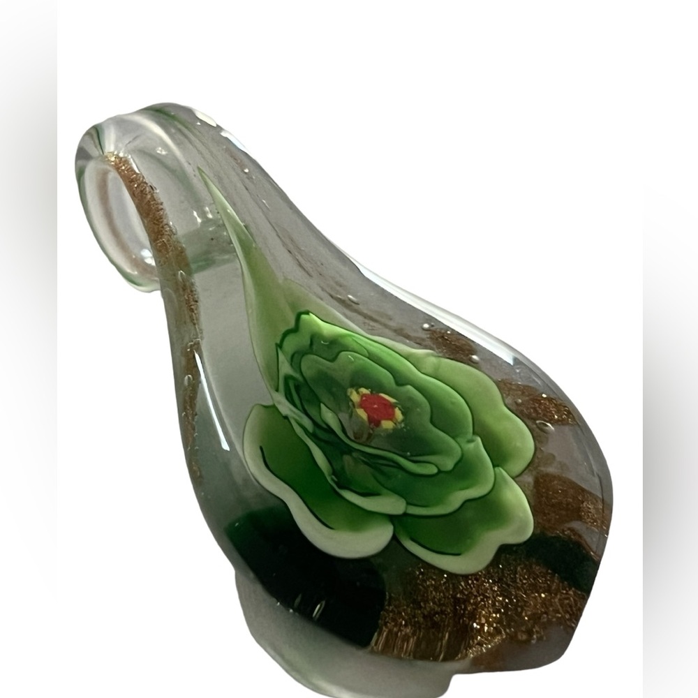 Hand Blown glass artisan green flower glass pendant.